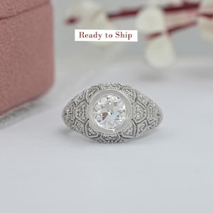 OEC Round Cut Lab Grown Diamond Bezel Set Ring, Milgrain Set 14K White Gold Vintage Ring, Conflict Free Diamond Wedding Ring, Ready To Ship