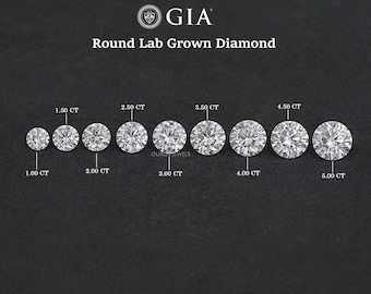 May include: A dark background showcases a selection of round lab-grown diamonds, from 1.00 CT to 5.00 CT. The GIA logo and the words "Round Lab Grown Diamond" are at the top. Each diamond is labelled with its carat weight.