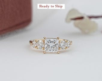 Ready To Ship, Princess Cut Lab Grown Diamond Engagement Ring, Five Stone Eco Friendly Diamond Wedding Ring, 14K Yellow Gold Bridal Ring