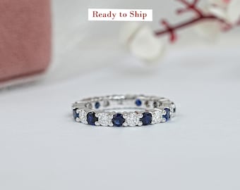 Round Cut Blue Gemstone Eternity Band, EF-VS Clarity Lab Diamond Wedding Band, 14K White Gold CVD Diamond Stackable Band, Ready To Ship