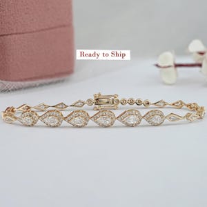Step Cut Pear Lab Diamond Halo Bracelet, Kite Cut Diamond Bezel Set Bridal Bracelet, Stackable Diamond Wedding Bracelet, Ready To Ship