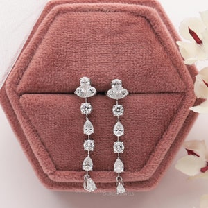 Pear And Round Cut Lab Grown Diamond Tassel Earrings, Lab Made Diamond Wedding Earrings, Screw Back Diamond Earrings, Ready To Ship Earrings