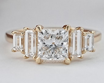 Princess Cut Lab Diamond Five Stone Ring: 14K Yellow Gold Bridal Ring