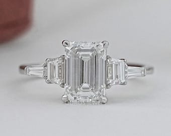 Emerald Cut Lab Diamond Five Stone Wedding Ring, Claw Prong Set CVD Diamond Bridal Ring, 14K White Gold Engagement Ring, Gift For Her