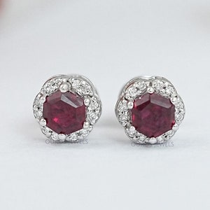 Hexagon Cut Red Ruby Gemstone Halo Stud Earrings, EF-VS Lab Grown Diamond Screw Back Earrings, Pave Set Diamond Earrings, CVD Diamond Studs