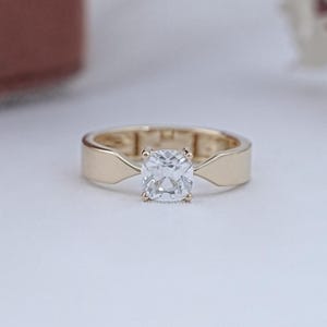 Old Mine Cushion Cut Lab Diamond Solitaire Ring, 14K Solid Gold Tapered Shank Ring, Prong Set Diamond Ring, Hand Made Diamond Proposal Ring