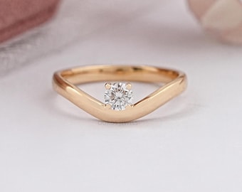 0.25 Carat Round Cut Lab Grown Diamond Curved Ring, CVD Diamond Solitaire Ring For Wedding Gift, 14K Yellow Gold Anniversary Ring For Her