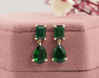 Green Emerald & Pear Cut Gemstone Drop Earrings, 14K Yellow Gold Dangle Drop Earrings, Pear Drop Gemstone Earrings, Ready To Ship Earrings