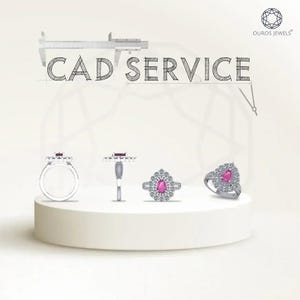 May include: CAD service for jewelry design. Three different ring designs with pink gemstones and white diamonds are shown on a white platform.
