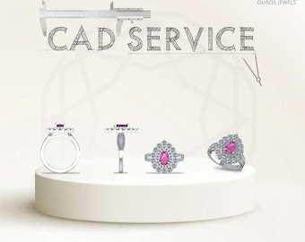 Op de afbeelding: CAD-service voor sieradenontwerp. Drie verschillende ringontwerpen met roze edelstenen en witte diamanten worden getoond op een wit platform.