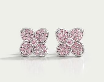 Pendientes de botón con forma floral de diamantes de laboratorio de talla redonda rosa, pendientes de oro macizo de 14 quilates, pendientes con engaste biselado, pendientes de novia con diamantes CVD engastados en racimo.