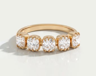 Old Mine Cushion Cut Lab Grown Diamond Half Eternity Band, Five Stone Claw Prong Set Wedding Band For Women, 14K Yellow Gold Band For Love