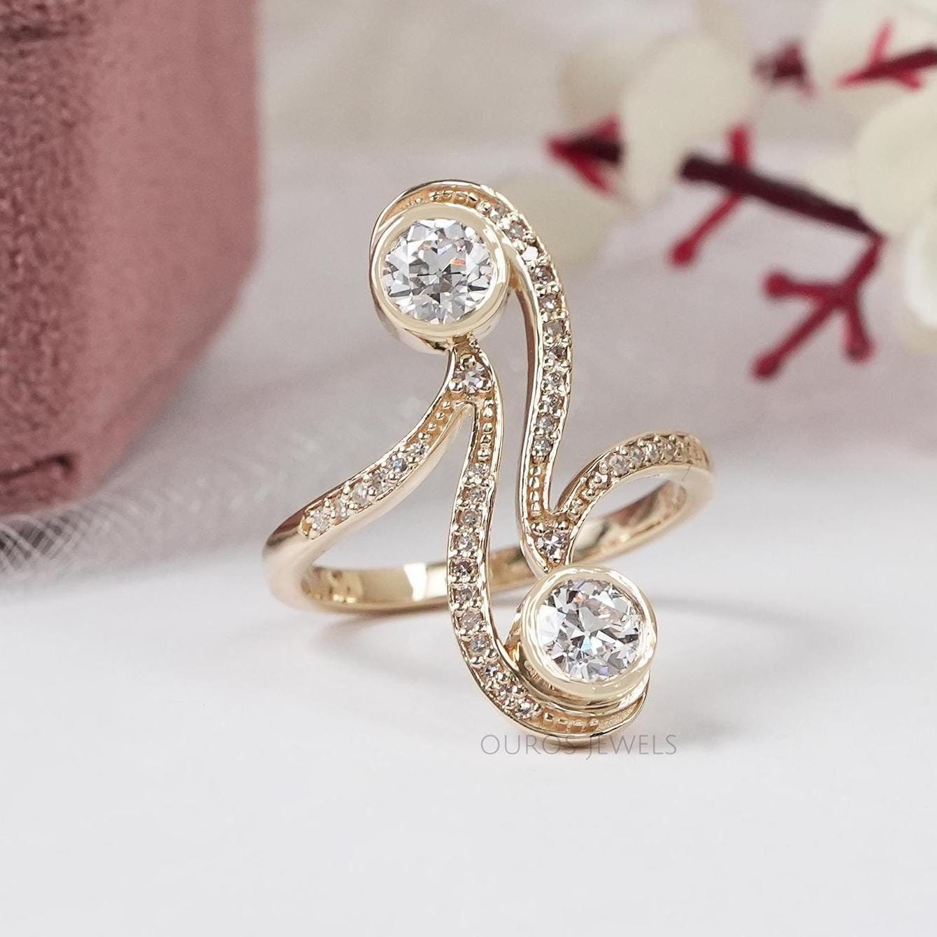 OEC Round Cut Bezel Set Lab Diamond Ring, Single Cut Lab Grown Diamond Nouveau Ring, 14K Yellow Gold Vintage Style Ring, Ring For Women
