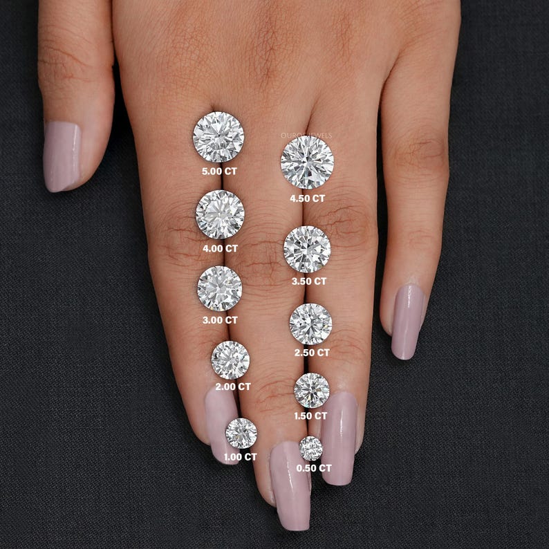 May include: A close-up of a hand displaying ten round diamonds of varying sizes, with carat weight labels ranging from 0.50 CT to 5.00 CT.
