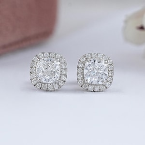 Cushion Cut Lab Grown Diamond Halo Stud Earrings, 14K White Gold Earrings, Screw Back Stud Earrings, Claw Prong Set Diamond Studs Earrings
