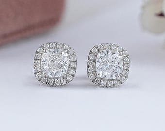 Cushion Cut Lab Grown Diamond Halo Stud Earrings, 14K White Gold Earrings, Screw Back Stud Earrings, Claw Prong Set Diamond Studs Earrings
