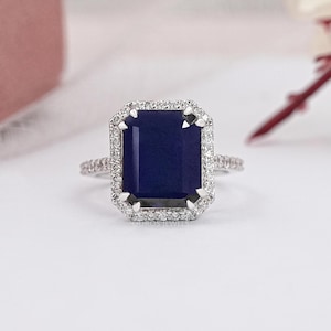 Emerald Cut Sapphire Gemstone Halo Wedding Ring, 14K White Gold Lab Diamond Accent Ring, Double Claw Prong Set Diamond Ring, Ready To Ship