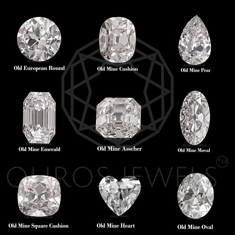 May include: Nine different diamond cuts are displayed against a black background. The cuts include Old European Round, Old Mine Cushion, Old Mine Pear, Old Mine Emerald, Old Mine Asscher, Old Mine Moval, Old Mine Square Cushion, Old Mine Heart, and Old Mine Oval.