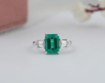 Green Emerald Cut Gemstone Wedding Ring, Three Stone Conflict Free Diamond Engagement Ring, Side Bullet Cut Diamond Ring, Gift For Her
