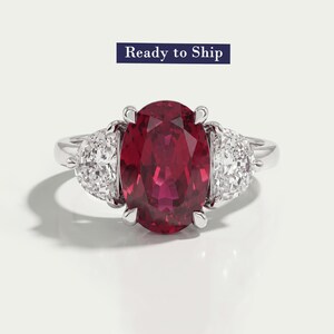 Red Ruby Oval Cut Gemstone Three Stone Ring, Side Half Moon Cut Diamond Ring, 14K White Gold Ring, Claw Prong Set Ring, Ready To Ship
