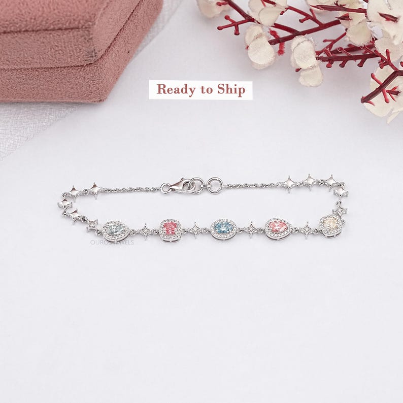 Listo para enviar, Pulsera de boda con diamantes de laboratorio de múltiples formas, Cadena de 5 diamantes de laboratorio con halo, Pulsera ecológica de oro blanco de 14 quilates imagen 1