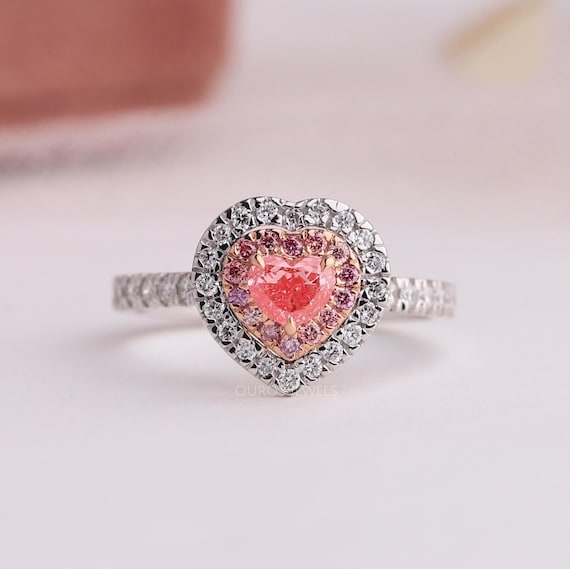 Pink Heart Cut Lab Grown Diamond Engagement Ring, Pink Round CVD Diamond Double Halo Ring, Ready To Ship Color Diamond Jewelry For Her
