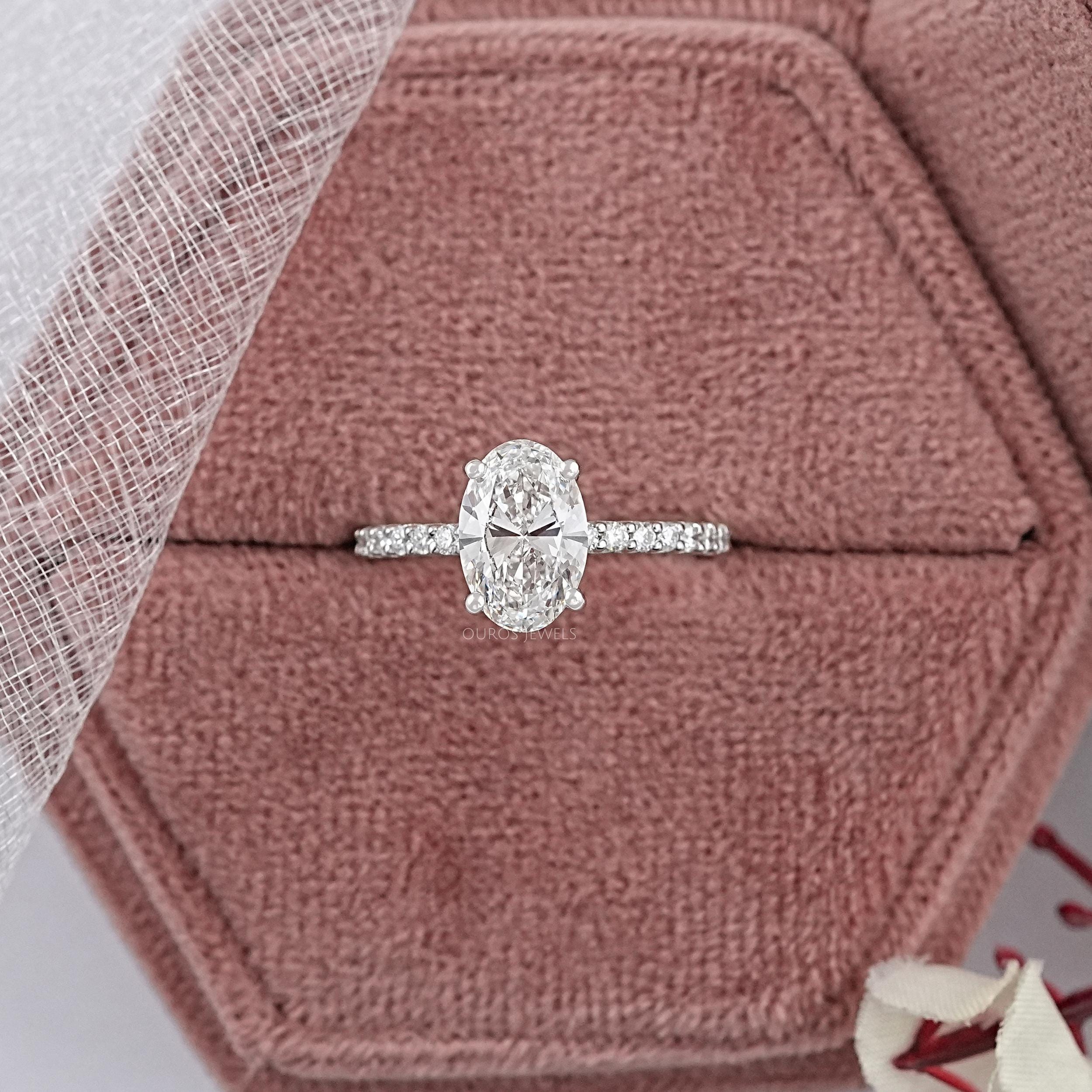 Oval Cut CVD Diamond Solitaire With Accent Ring, Lab Diamond Wedding Ring, Handmade Jewelry For Anniversary Gift, Proposal Ring For Her