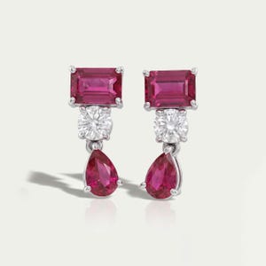 Red Ruby Emerald & Pear Shape Gemstone Earrings, EF-VS Clarity Diamond Dangle Drop Earrings, 14K White Gold Bridal Earrings, Gift For Her