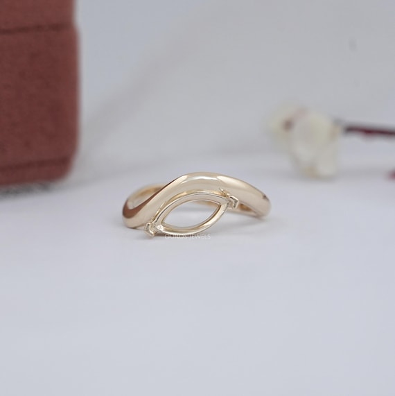 Marquise Shape Semi Mount Curved Ring, 10K Solid Gold Solitaire Ring, Customized Ring For Wedding Gifts, CVD Diamond For Personalized Ring