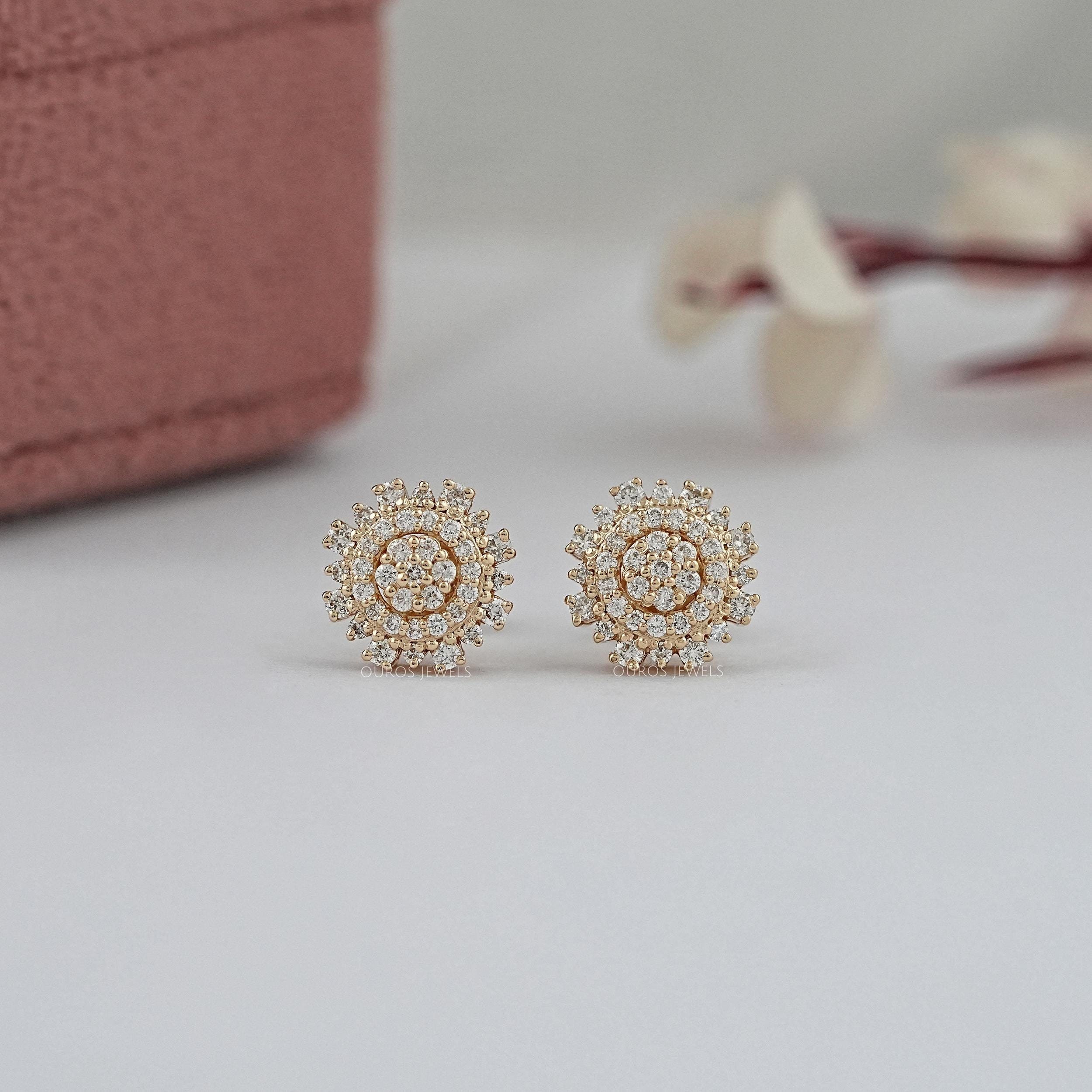Round Cut Lab Grown Diamond Cluster Set Stud Earrings, 14K Yellow Gold Screw Back Earrings, CVD Diamond Double Halo Earrings, Gift For Her