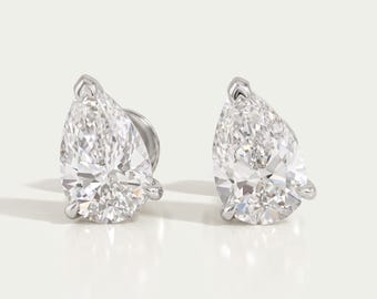 Pear Cut Lab Diamond Minimalist Studs, Baby Claws Prongs Studs, 0.50 To 5.00 TCW Tear Drop Studs, Solitaire Everyday Earrings For Women