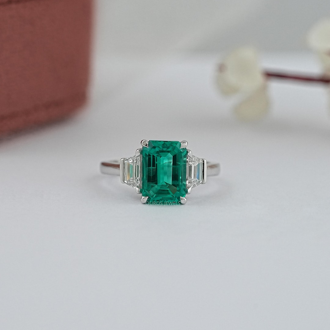 Emerald & Lab Diamond Ring: 14K White Gold Three Stone Engagement - Etsy