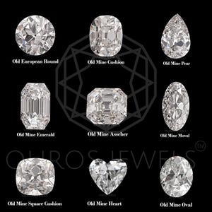 May include: Diagram showing different diamond cuts, including Old Mine, Old European Round, Cushion, Asscher, Emerald, Pear, Oval, Moval, Square Cushion, and Heart.