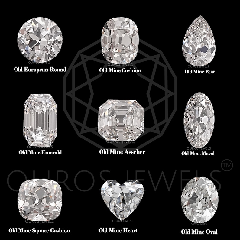 May include: Diagram showing different diamond cuts, including Old Mine, Old European Round, Cushion, Asscher, Emerald, Pear, Oval, Moval, Square Cushion, and Heart.