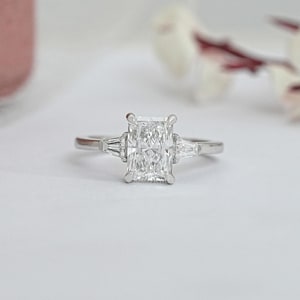 Radiant Cut Lab Grown Diamond Three Stone Ring, Side Tapered Baguette Diamond Engagement Ring For Her, CVD Diamond Trilogy Ring For Women
