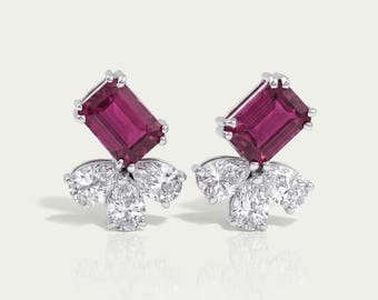 Red Ruby Emerald Cut Gemstone Stud Earrings, Cluster Set Pear Cut Lab Diamond Earrings, Double Prong Set Screw Back Earrings, Gift For Her