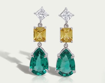 Green Pear And Yellow Radiant Cut Gemstone Dangle Earrings, Lab Grown Diamond Earrings, 14K White Gold Dangle Drop Earrings, Gift For Her