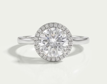 Round Cut Lab Grown Diamond Solitaire Halo-verlovingsring, bloemenmand met ring, 14 kt massief gouden ring, CVD-diamanten trouwring