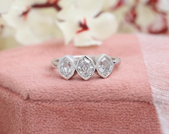 Three Stone Step Cut Oval Lab Grown Diamond Ring, Bezel Set CVD Diamond Engagement Ring, 14K White Gold Anniversary Trilogy Ring For Her