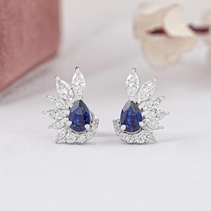 Sapphire Pear Cut Blue Gemstone Stud Earrings, Marquise Cut Lab Diamond Cluster Set Earrings, Screw Back Earrings, Ready To Ship Earrings