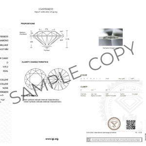 May include: A laboratory grown diamond report from the International Gemological Institute (IGI) for a 1.00 carat, D color, VVS2 clarity, Ideal cut diamond. The report includes details on the diamond's proportions, clarity characteristics, and additional grading information.