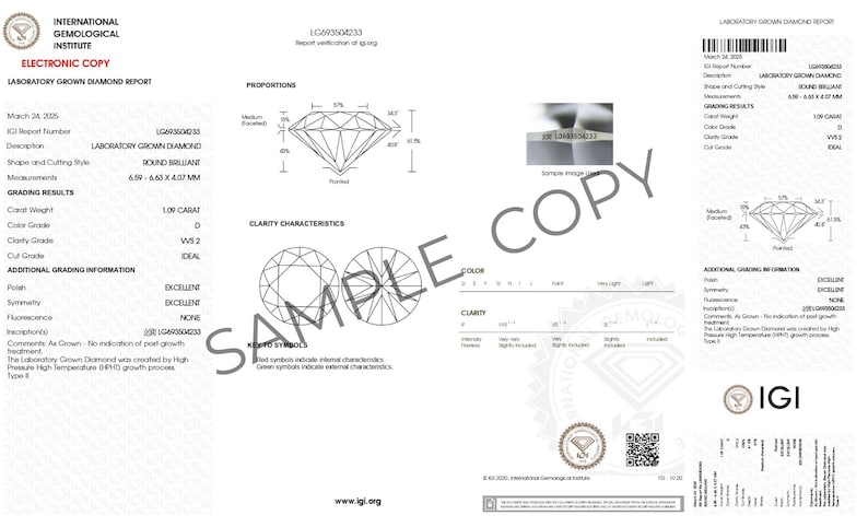 May include: A laboratory grown diamond report from the International Gemological Institute (IGI) for a 1.00 carat, D color, VVS2 clarity, Ideal cut diamond. The report includes details on the diamond's proportions, clarity characteristics, and additional grading information.