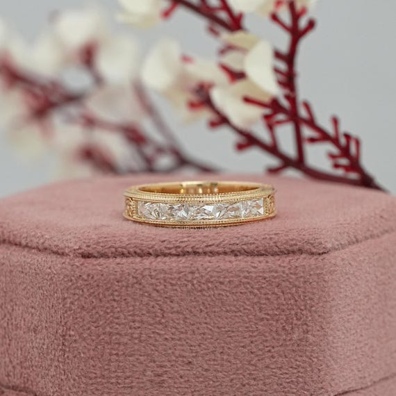 French Baguette Cut Lab Diamond Men's Band, Filigree and Mil grain Set Diamond Wedding Band, 14K Solid Gold Engagement Band, Gift For Him