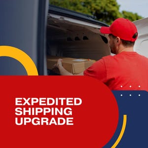 May include: A red and white graphic with the text "EXPEDITED SHIPPING UPGRADE" in white letters on a red background. A delivery driver in a red shirt and red baseball cap is loading a box into a delivery truck.