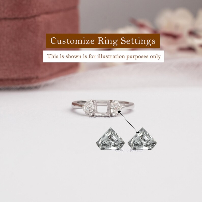 May include: A silver-toned metal ring setting featuring a central rectangular mount flanked by two triangular side stone settings. Below the ring, two loose triangular-cut clear gemstones are displayed. Text reads: Customize Ring Settings.