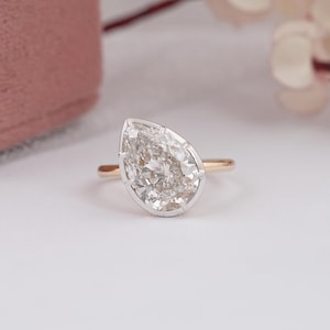 Pear Cut Lab Grown Diamond Button Back Ring, Tilted Pear Diamond Solitaire Ring, 14K Solid Gold Diamond Ring, Engagement Ring Gift For Her