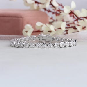 Round Cut Lab Diamond Tennis Bracelet, Stackable Diamond Wedding Bracelet, 14K White Gold Bezel Set Diamond Bracelet For Women, Gift For Her