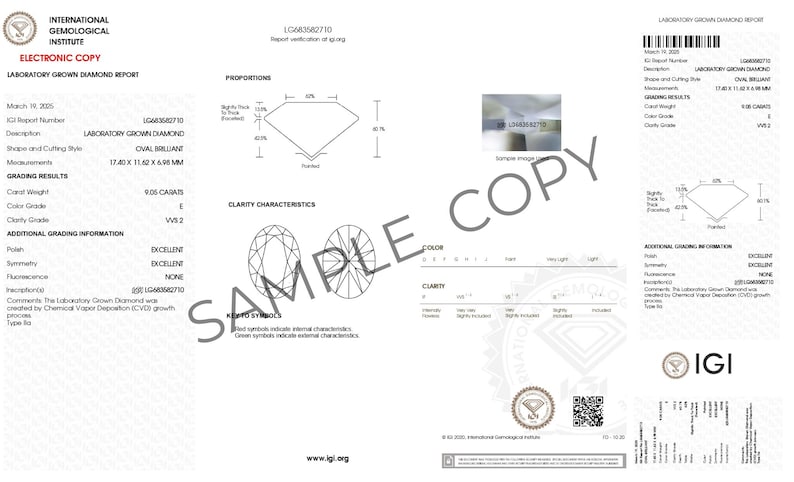 May include: A laboratory-grown diamond grading report from the International Gemological Institute (IGI) for a 0.95 carat oval brilliant diamond. The report details the diamond's measurements, color grade, clarity grade, and additional grading information, including polish, symmetry, and fluorescence.