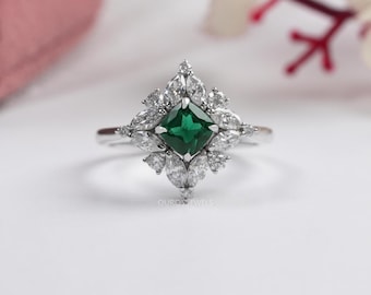 Kissen Smaragd Edelstein-Cluster-Set-Ring, Marquise-Schliff-Diamant-Halo-Ring, 14K Massivgold Umweltfreundlicher Diamant-Verlobungsring