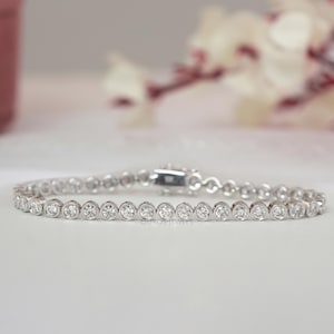 Round Cut Lab Grown Diamond Tennis Bracelet, Bezel Set Diamond Bridal Bracelet For Wedding Gift, 10K White Gold Diamond Bracelet For Women